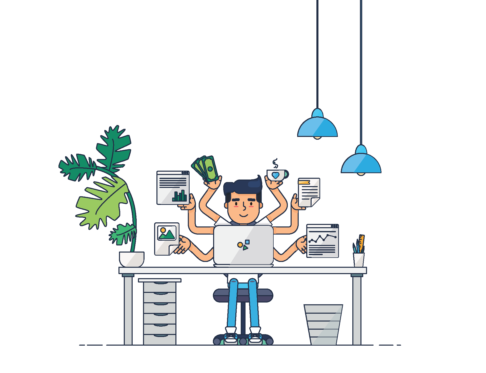 An illustration image that shows a user at his desk making use of the Virtual landlines platform to collaborate with his coworkers and clients.